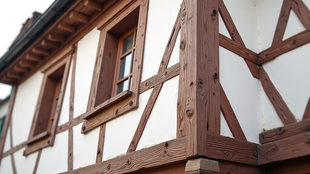 Tradicinė Fachverko architektūra su medžio rėmais, baltos sienomis ir tamsiais medžio linijomis